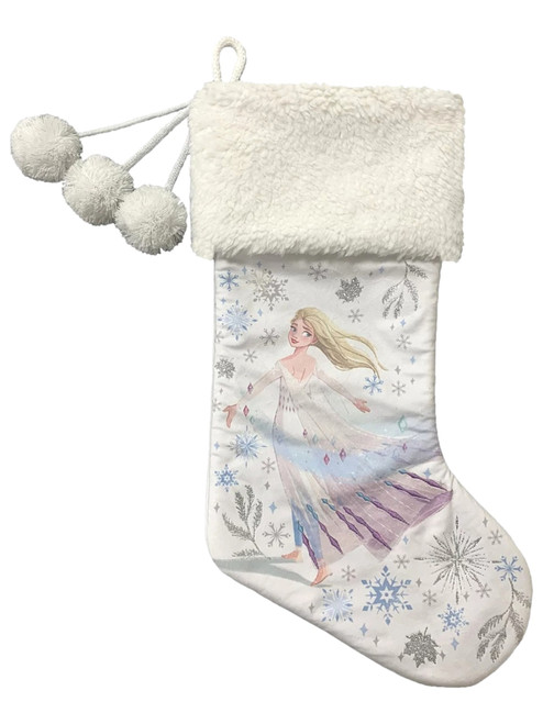 Disney Frozen White Glitter & Faux Fur Holiday Christmas Stocking