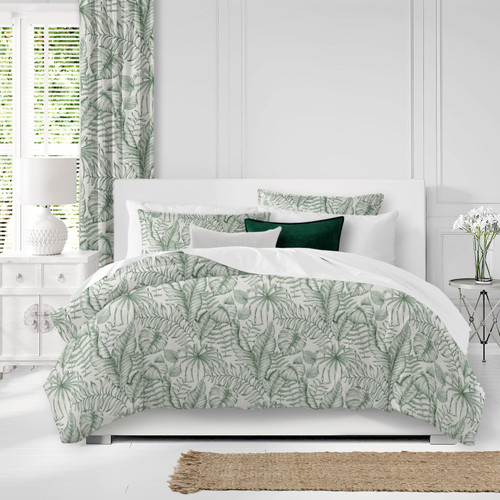 Set of 3 Green and White Tropical Leaves Duvet Cover with Pillow Shams - Super King Size