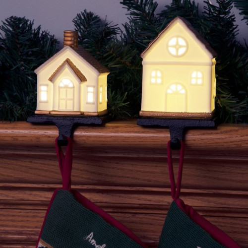 Set of 2 Porcelain House with Stocking Holder Base and LED Lights in Gold Glitter 4.25"