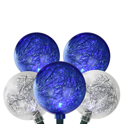 10-Count White and Blue Ornament with Tinsel LED Christmas Light Set - 7.5 ft Green Wire