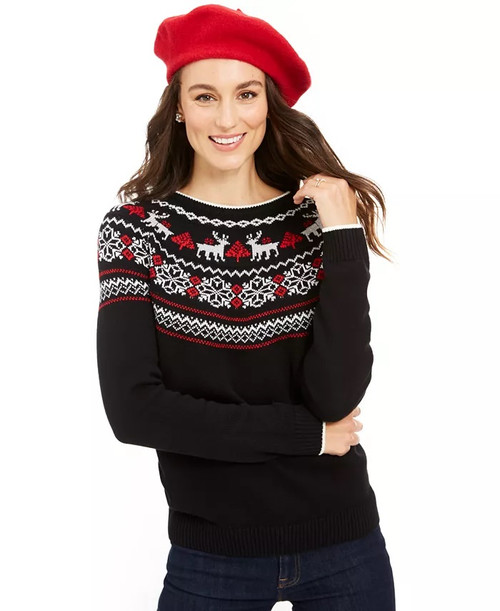 Charter Club Women's Metallic Fair Isle Family Sweater Black Size X-Small