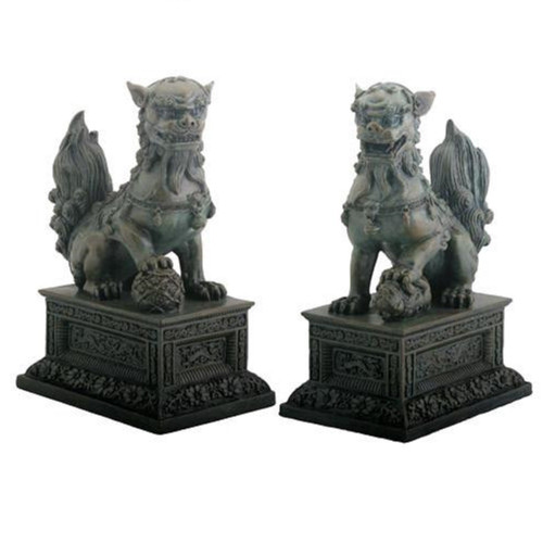 Pair of Chinese Lions Stone Guardian Statue on Engraved Base Figurines Set of 2