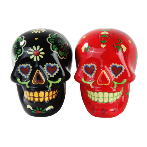 Day of the Dead Black and Red Sugar Skulls Ceramic Salt and Pepper Shakers