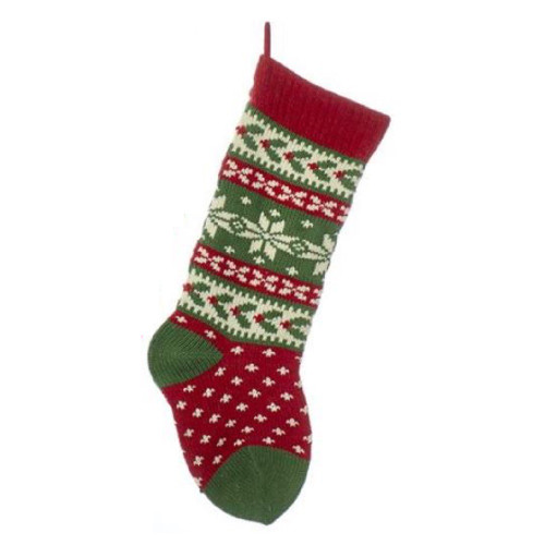Red Green and Ivory Snowflake Design Heavy Knit Christmas Stocking 20 Inch New