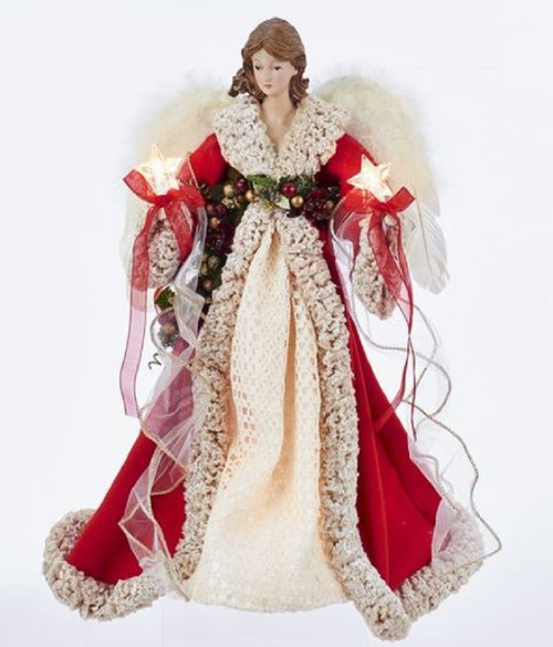 Red and Ivory Angel Lighted Christmas Tree Topper Decoration 16 Inch UL2218 New