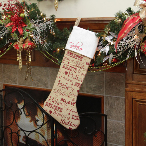 24" Red and White Screen Printed "Believe" Font Styles Velvet Cuffed Linen Christmas Stocking