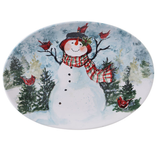 Red and White Snowman Christmas Oval Platter 16"