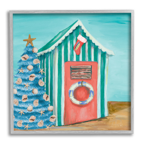 Christmas Tree and Shell Nautical Beach Tent Gray Framed Giclee Texturized Art, 17" x 17"
