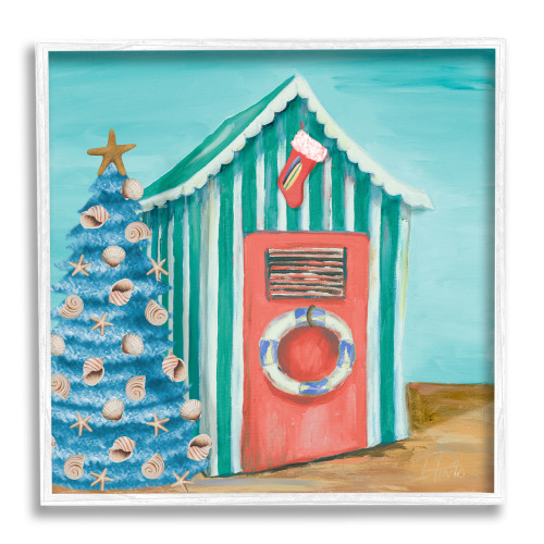 Christmas Tree Shell and Striped Beach Tent Framed Giclee Texturized Wall Art, 24" x 24"