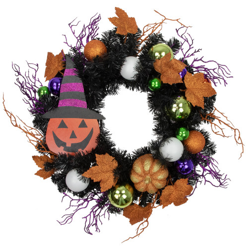Jack-O-Lantern in Witches Hat Halloween Pine Wreath, 24-Inch, Unlit