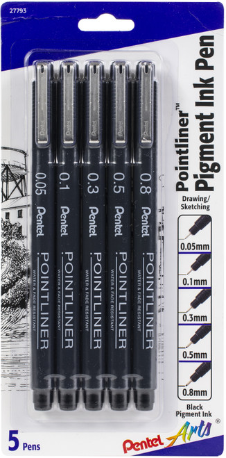 Pentel Arts Pointliner Pigment Ink Pen Assorted Sizes 5/Pkg-Black