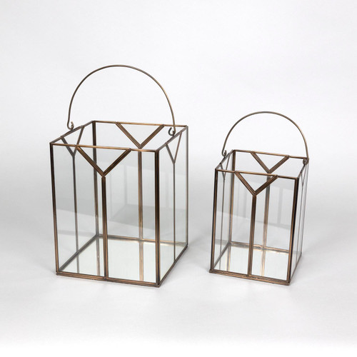 Urbane Metal And Glass Set Of 2 Lanterns With Antiqued Bronze Finish S43198