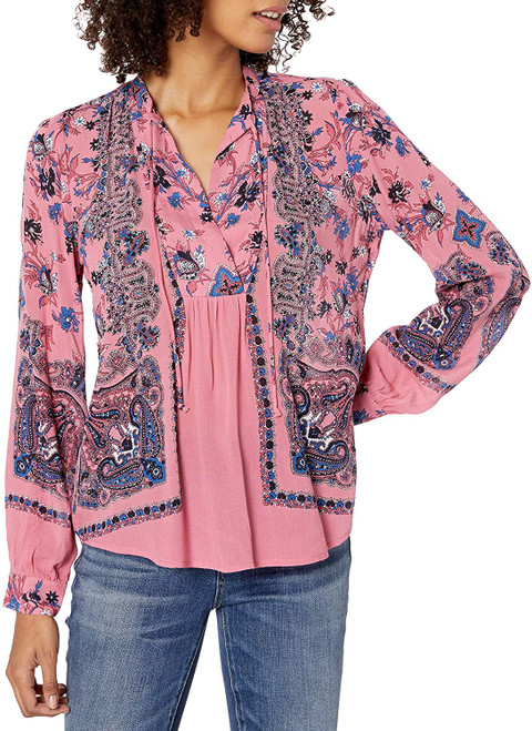 Lucky Brand Women's Scarf-Print Peasant Top Pink Size Small