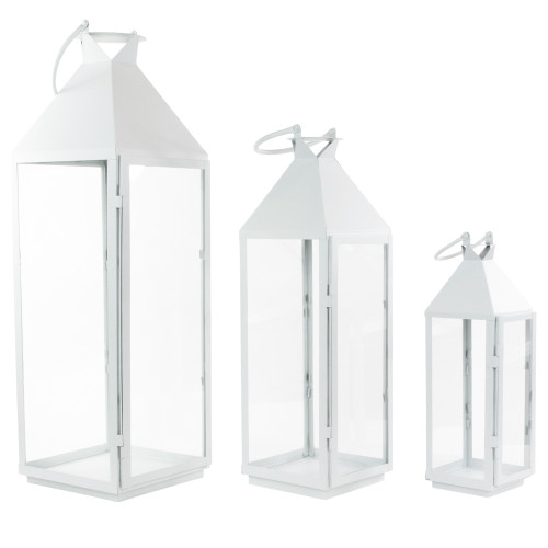 Set of 3 Matte White Modern Candle Lanterns 28"