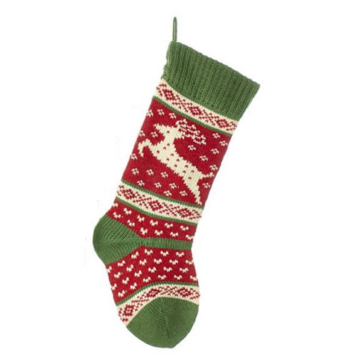 Green Red and Ivory Knit Reindeer Christmas Stocking 20 Inch New