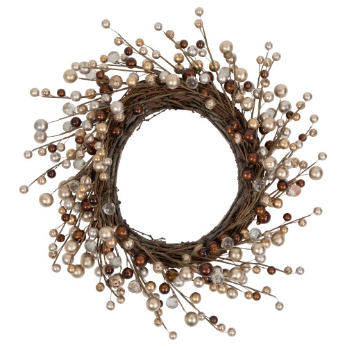 Burgundy and Silver Ball Christmas Ornament Twig Wreath, 20-Inch, Unlit