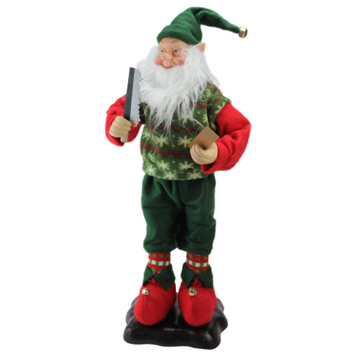 24" Green and Red Animated Festive Tinkering Tom the Wood Smith Christmas Elf