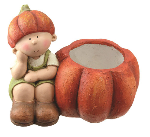13" Fall Harvest Sitting Boy with Pumpkin Pot Thanksgiving Decoration