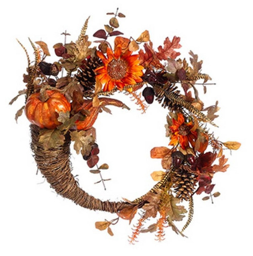 Pumpkin and Sunflower Artificial Floral Cornucopia Thanksgiving Wreath, Orange 22-Inch