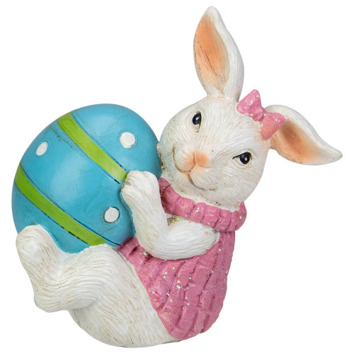 5.75" White and Pink Spring Bunny with Blue Easter Egg Figurine