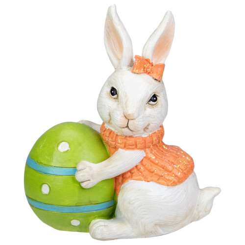 6" White and Orange Spring Bunny with Green Easter Egg Figurine