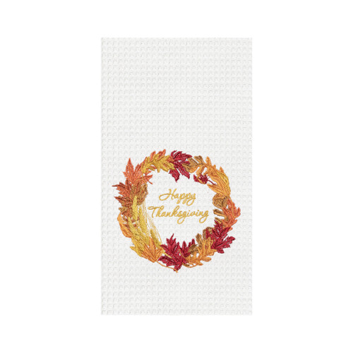 Happy Thanksgiving Wreath Embroidered Waffle Weave Kitchen Towel Decor Decoration
