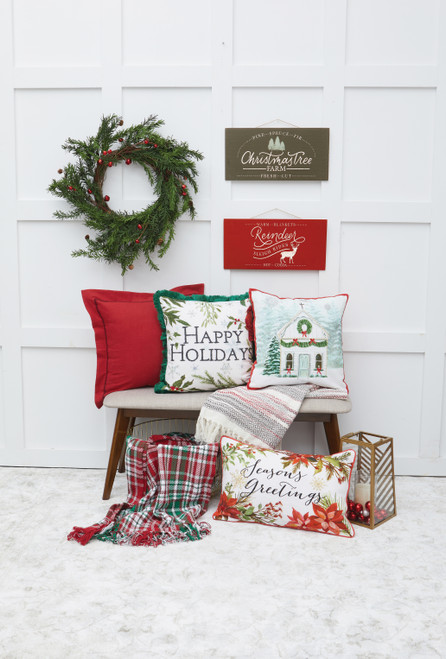 Lighted Embroidered Holiday Throw Pillows - Poinsettia