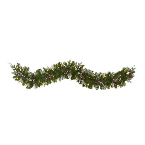 6' x 12" Pre-Lit Flocked and Berries Artificial Christmas Garland, Clear LED Lights