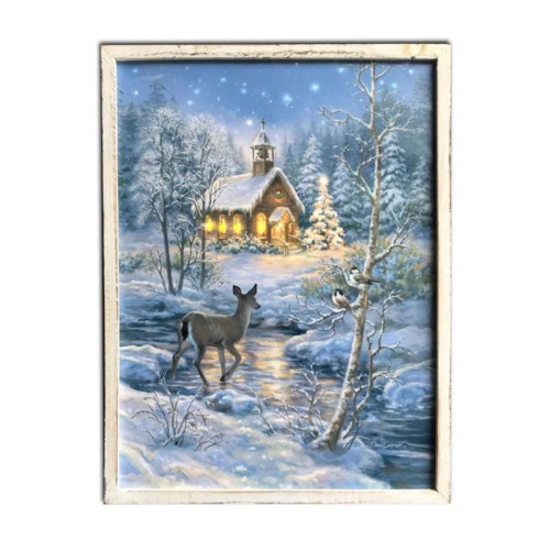 White and Blue "The Chapel" LED Lighted Christmas Framed Rectangular Wall Decor 24" x 18"