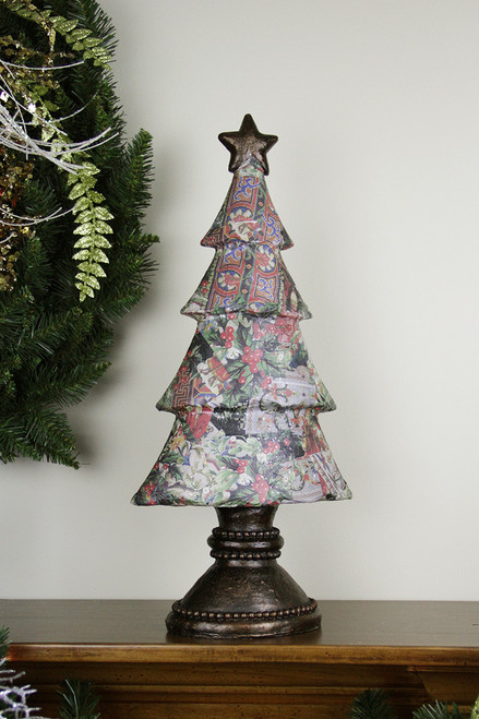 20" Black and Red Victorian Holly Berry Decoupage Christmas Tree Tabletop Decor