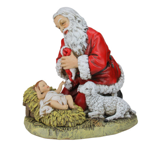13.25" Red and White Kneeling Santa with Baby Jesus Christmas Figure