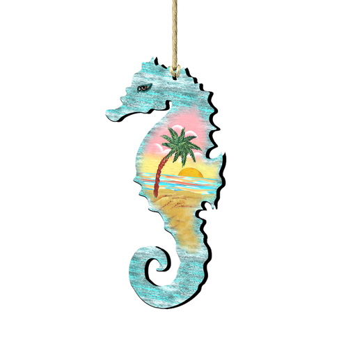 Set of 2 Seahorse Beach Scene Wooden Christmas Ornaments 5.5"