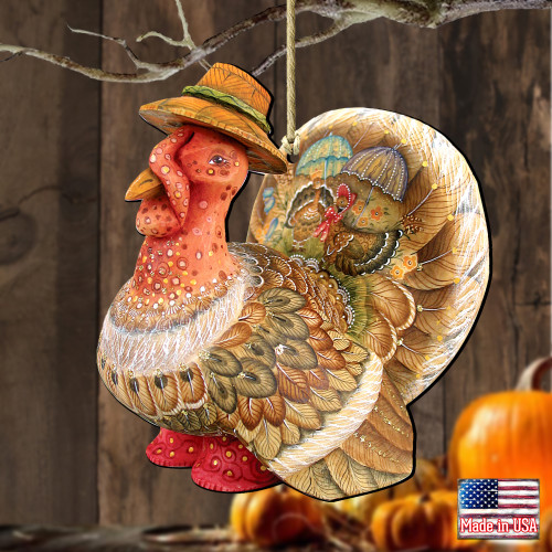 Set of 2 Festive Tom the Turkey Wooden Thanksgiving Ornaments 5.5"