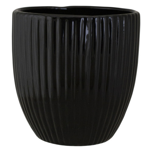 5.5" Black Round Ceramic Striped Textured Flower Pot