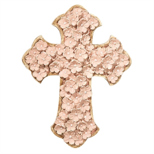 11.5" Coral Pink and Beige Floral Cross Shaped Religious Wall Decor