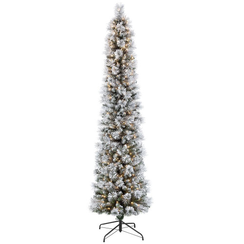 7.5’ Pre-Lit Flocked Pencil Portland Pine Artificial Christmas Tree –Clear Lights - 32905157