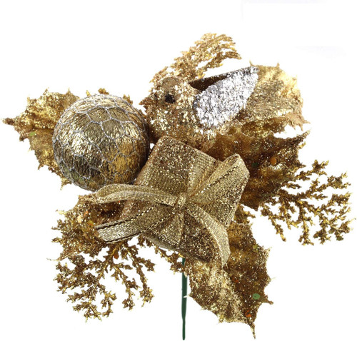 Floral Home Gold Glitter Christmas Tree Picks Decoration,| 12 Picks Artificial Gold Flower Leaf with Gift Box, Bird, and Ball 