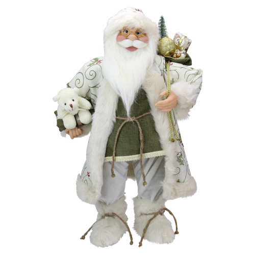 24" Green and White Graceful Standing Santa Claus Christmas Figure with Teddy Bear