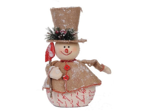 13.5" Beige and Red Jolly Snowman with Shovel Christmas Tabletop Decor