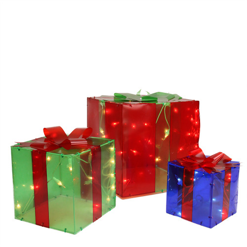 Lighted Gift Box Outdoor Patio Christmas Decoration - 10" - Multicolor -Set of 3