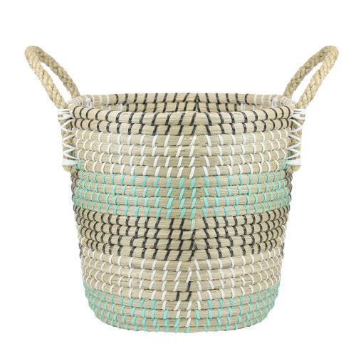 14" Natural Woven Seagrass Basket with Teal, Black and White Accents