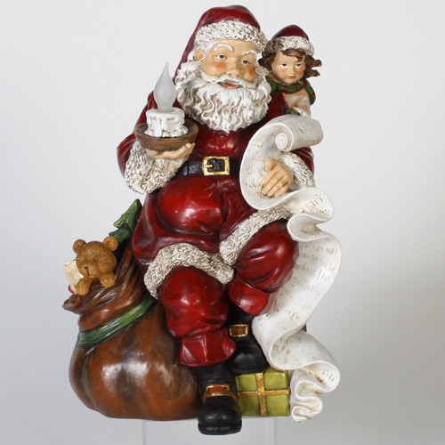 12" Red and Brown LED Lighted Antiqued Santa Claus with Girl Christmas Tabletop Figurine