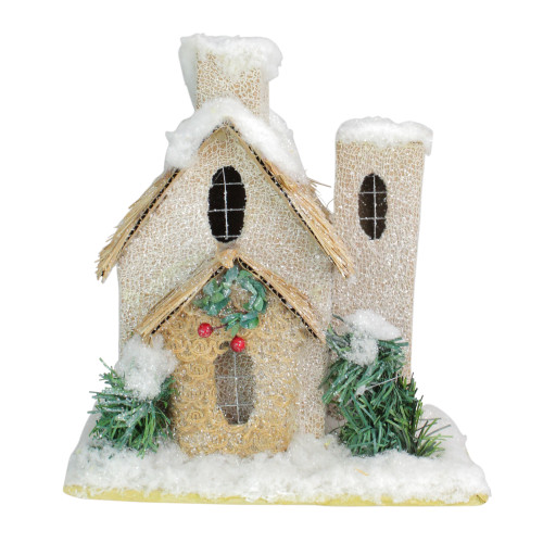 9.25" White and Beige Snow Covered House with Shrubs Christmas Tabletop Decor