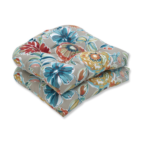 Set of 2 Tan and Blue Floral UV Resistant Outdoor Patio Tufted Wicker Seat Cushions 19"