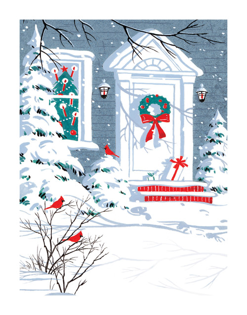 Snowy Door Wreath Christmas Holiday Wall Decor Art Print