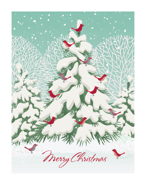 Snowy Tree Birds Christmas Holiday Wall Decor Art Print