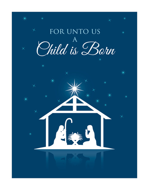 Blue Nativity Religious Holiday Wall Decor Art Print