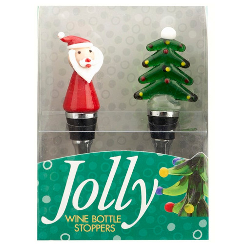 Set of 2 Santa and Christmas Tree Design Hand Blown Glass Bottle Stopper - 33480437
