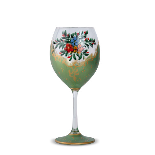 8.5” Clear and Green Hand Painted Tranquil Flower Breeze Wine Glass 16 oz - 33480084