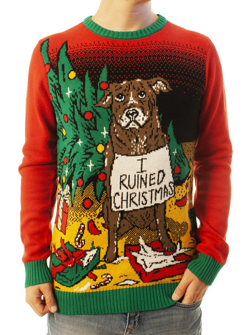 Ugly Christmas Party Sweater Unisex Men's "I Ruined Christmas" Dog Shaming
